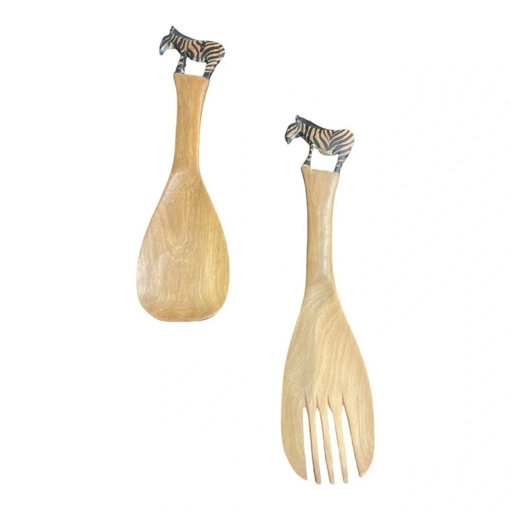 Wood Carved Painted Zebra Salad Servers from Kenya